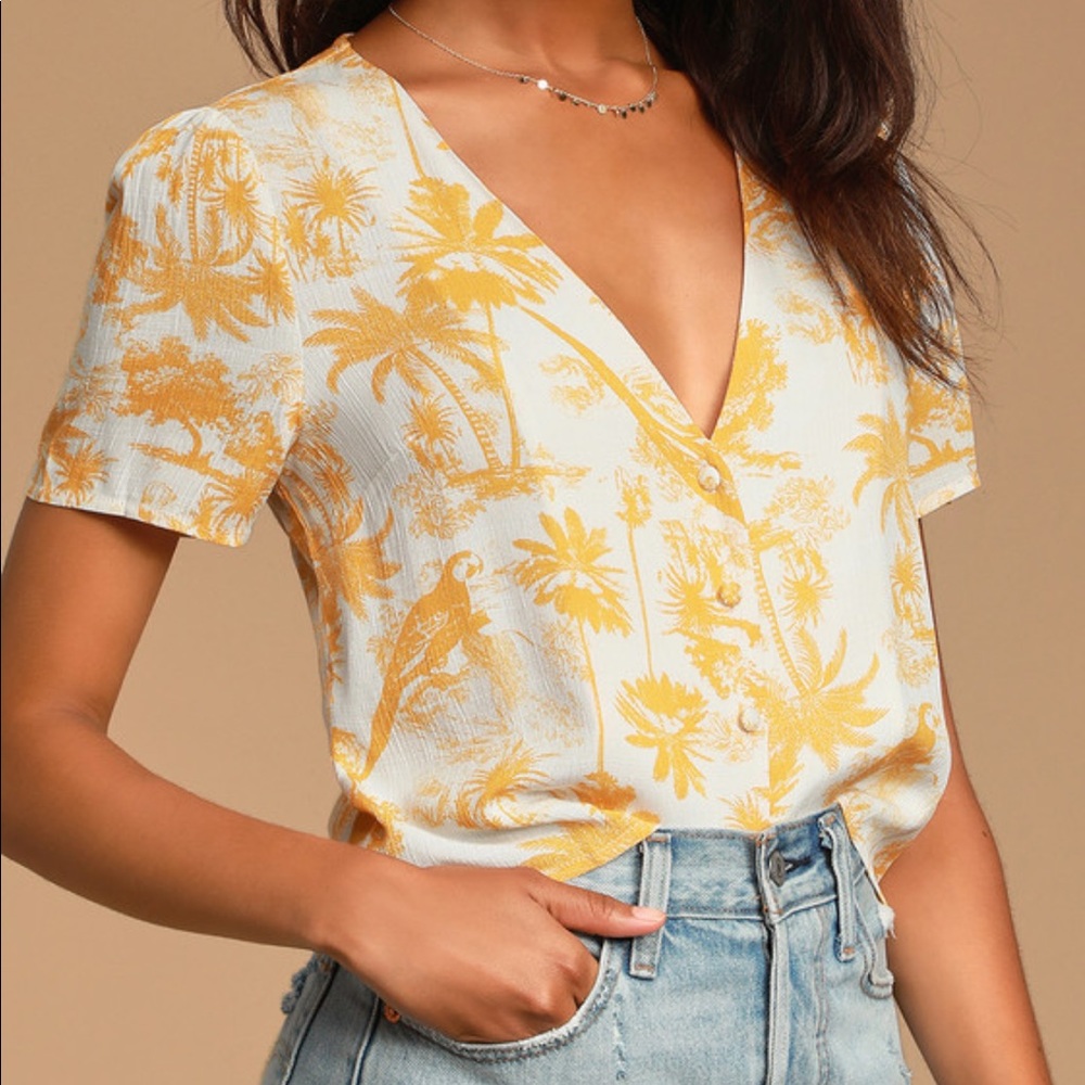 Tropical Print Short Sleeve Button-Up Top